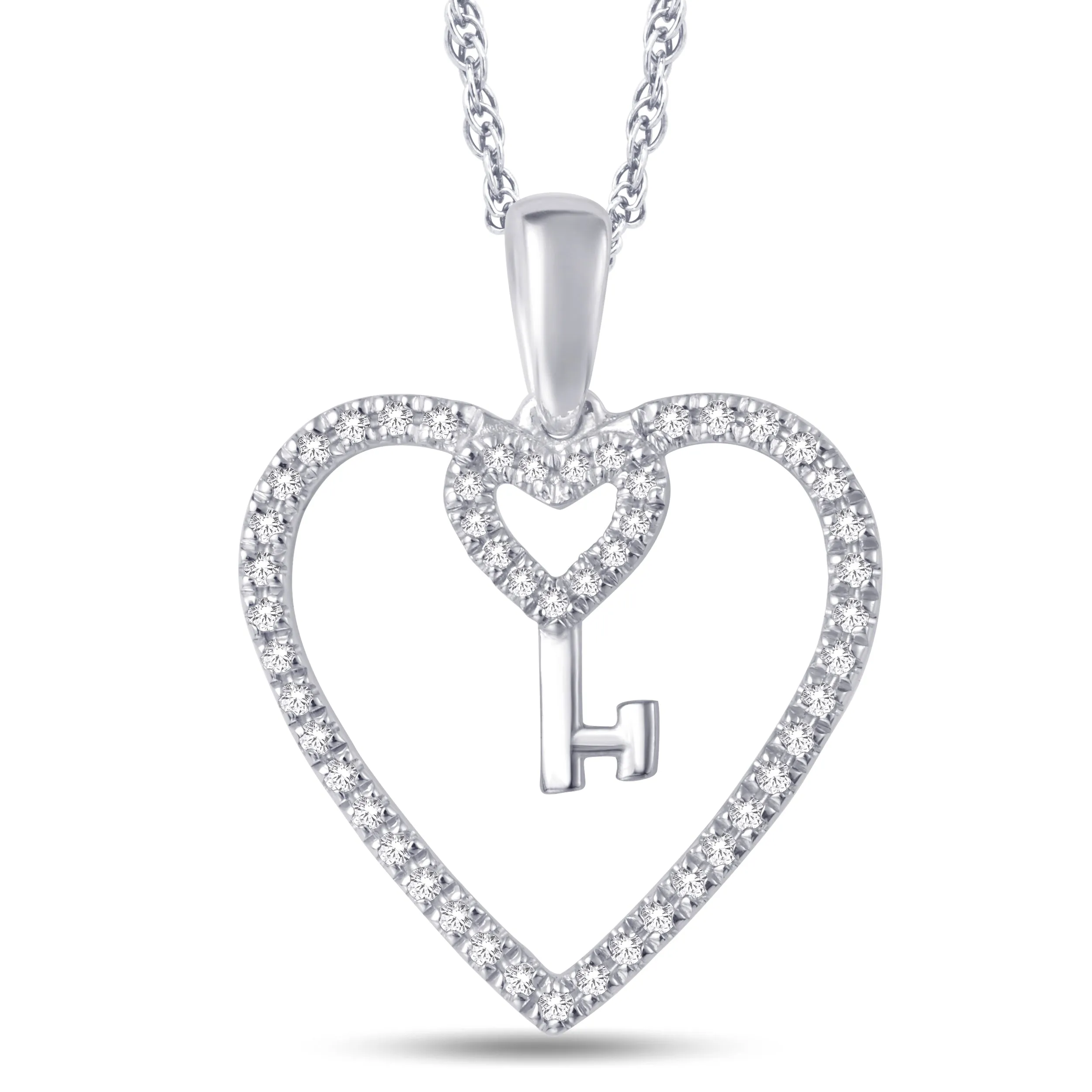 10 Karat White Gold 0.15 Carat Heart & Key Shape Pendant