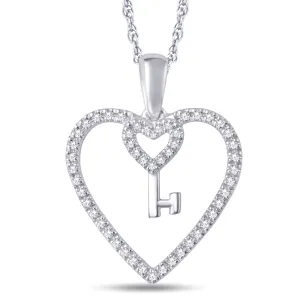 10 Karat White Gold 0.15 Carat Heart & Key Shape Pendant