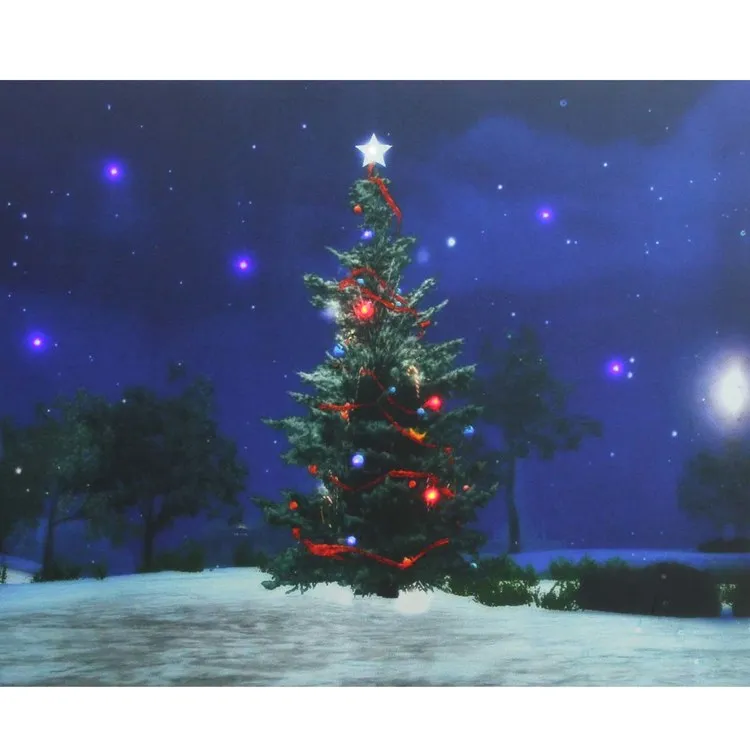 15.75" x 19.5" LED Lighted Decorated Christmas Tree at Night with Stars Canvas Wall Art