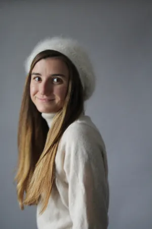 80s White 100% Angora Hand Crocheted Beret