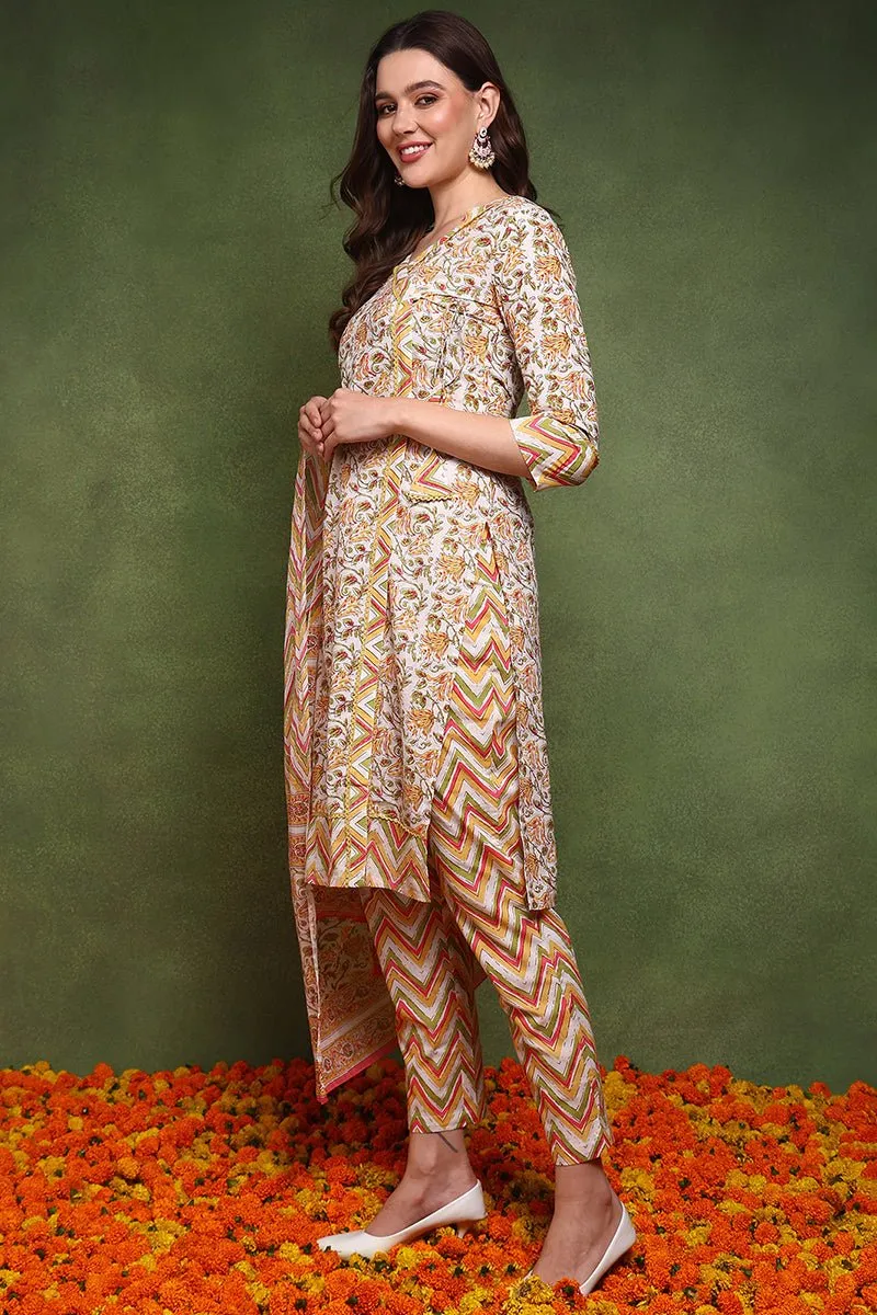 Ahika White and Yellow Pure Cotton Floral Printed Straight Suit Set