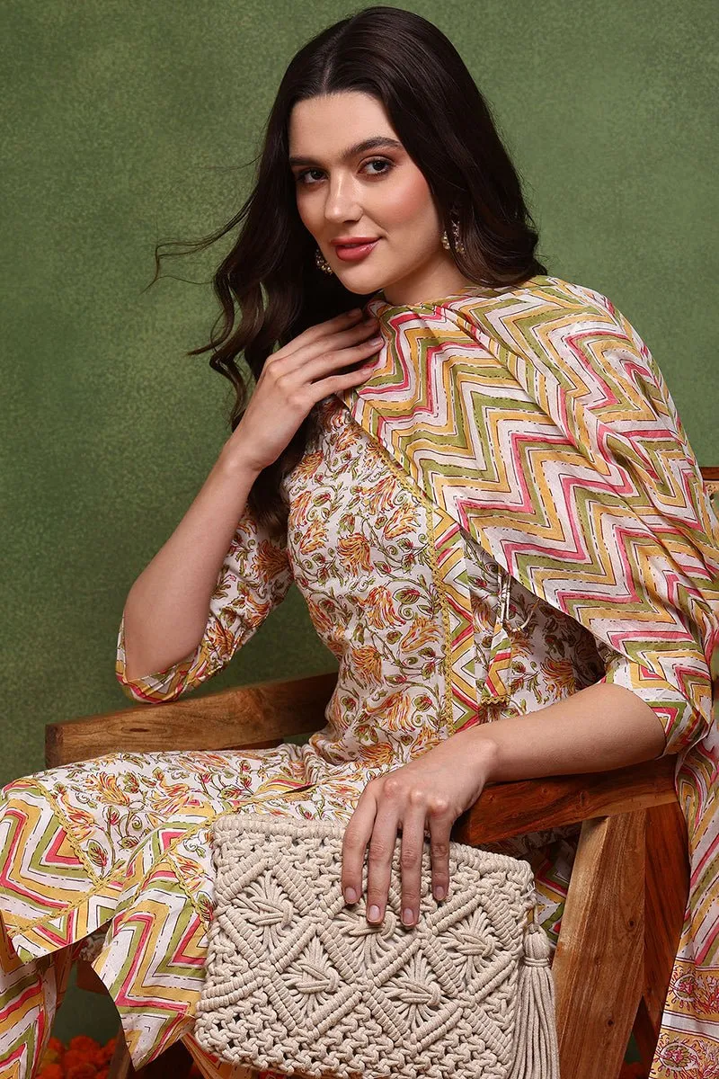 Ahika White and Yellow Pure Cotton Floral Printed Straight Suit Set