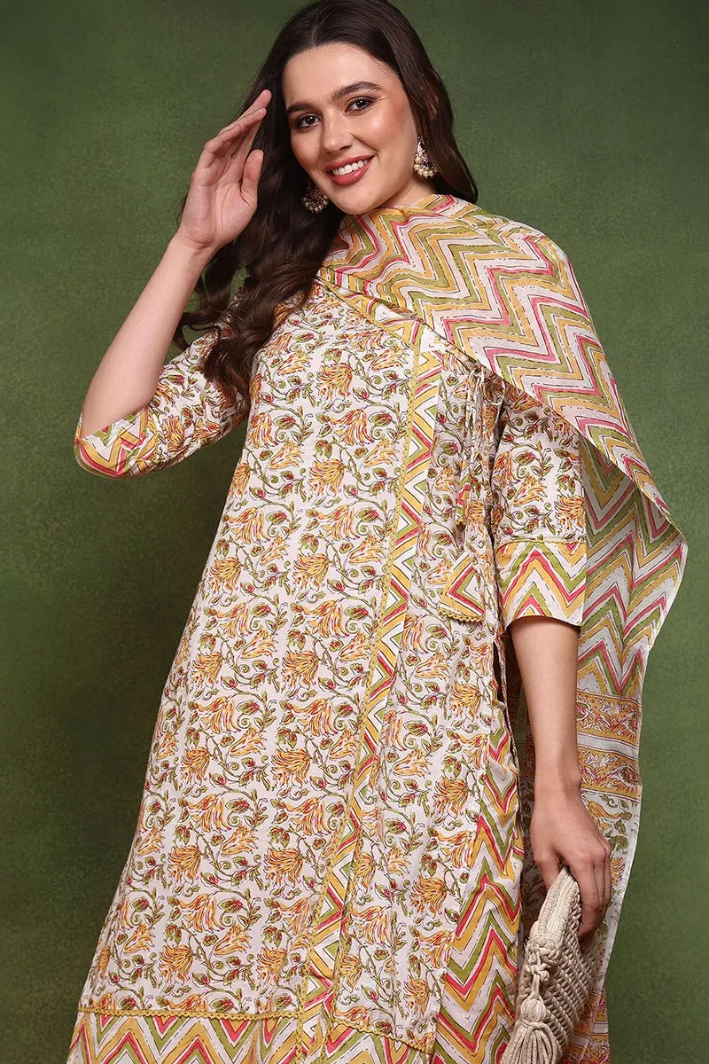 Ahika White and Yellow Pure Cotton Floral Printed Straight Suit Set