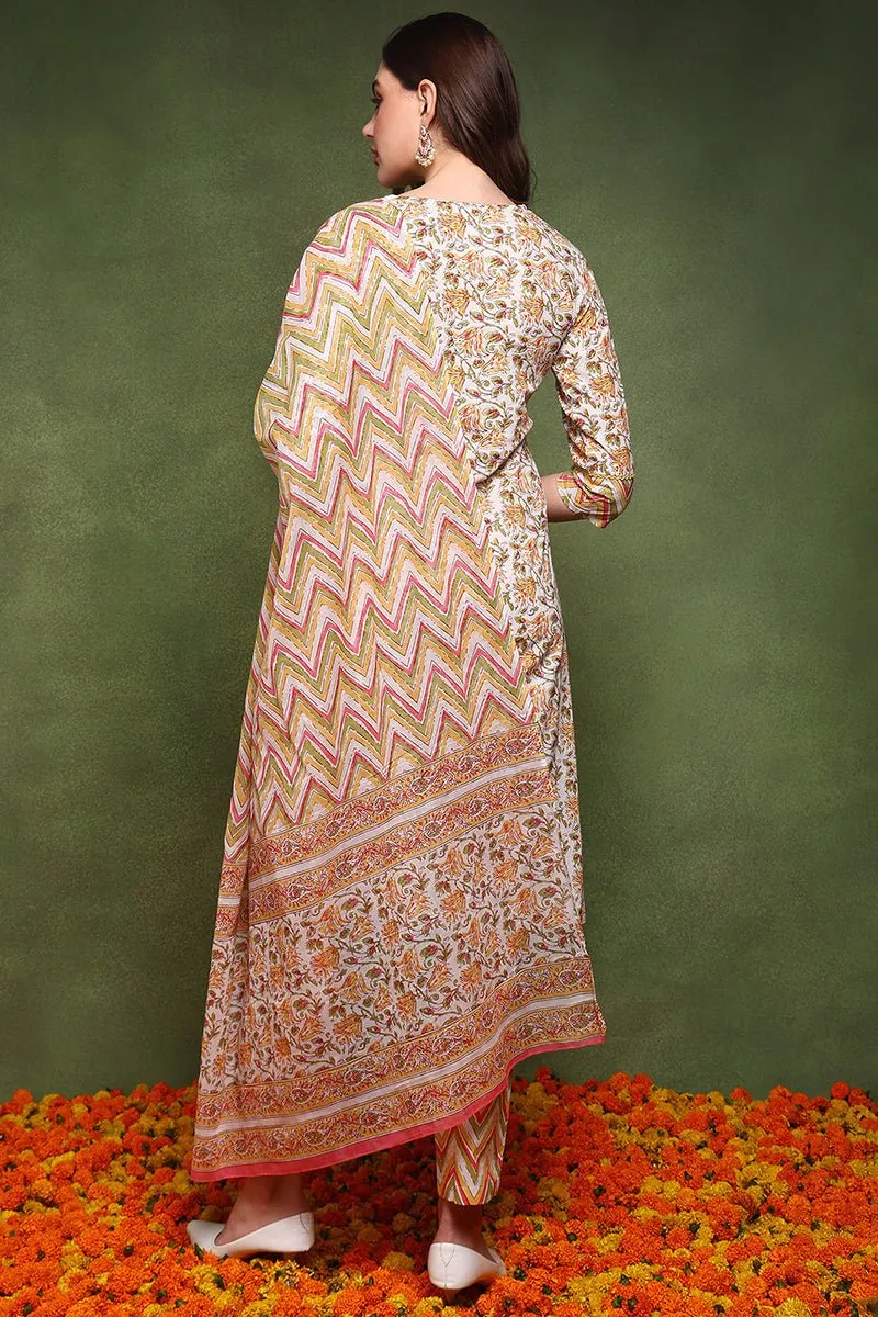 Ahika White and Yellow Pure Cotton Floral Printed Straight Suit Set