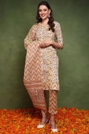 Ahika White and Yellow Pure Cotton Floral Printed Straight Suit Set