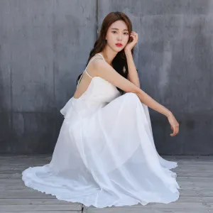 Bohemian Spaghetti Straps Backless Long Chiffon Beach Dress