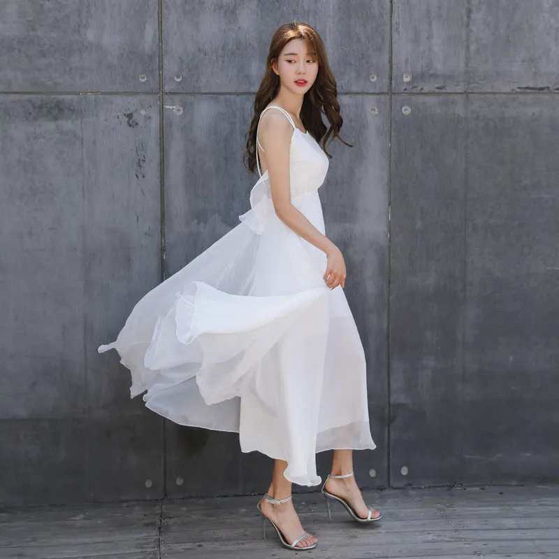 Bohemian Spaghetti Straps Backless Long Chiffon Beach Dress