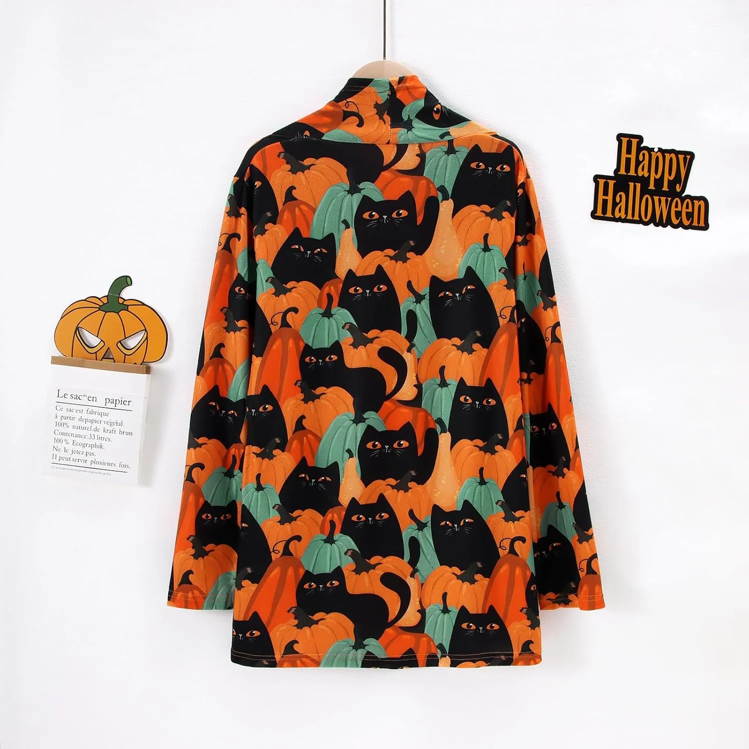 BOUTIKOME Women's Halloween Cat Pumpkin Cardigan Long Sleeve Open Front Knit Outwear Coat Plus Size Knitting Sweater Top
