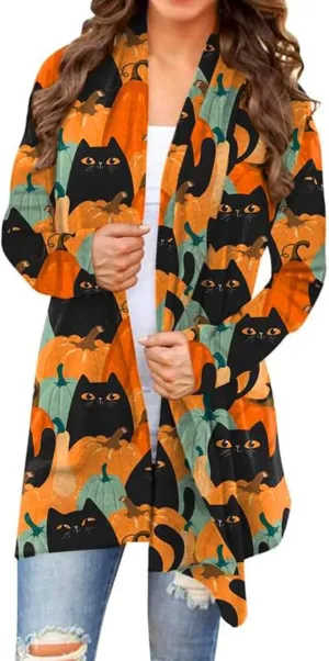 BOUTIKOME Women's Halloween Cat Pumpkin Cardigan Long Sleeve Open Front Knit Outwear Coat Plus Size Knitting Sweater Top