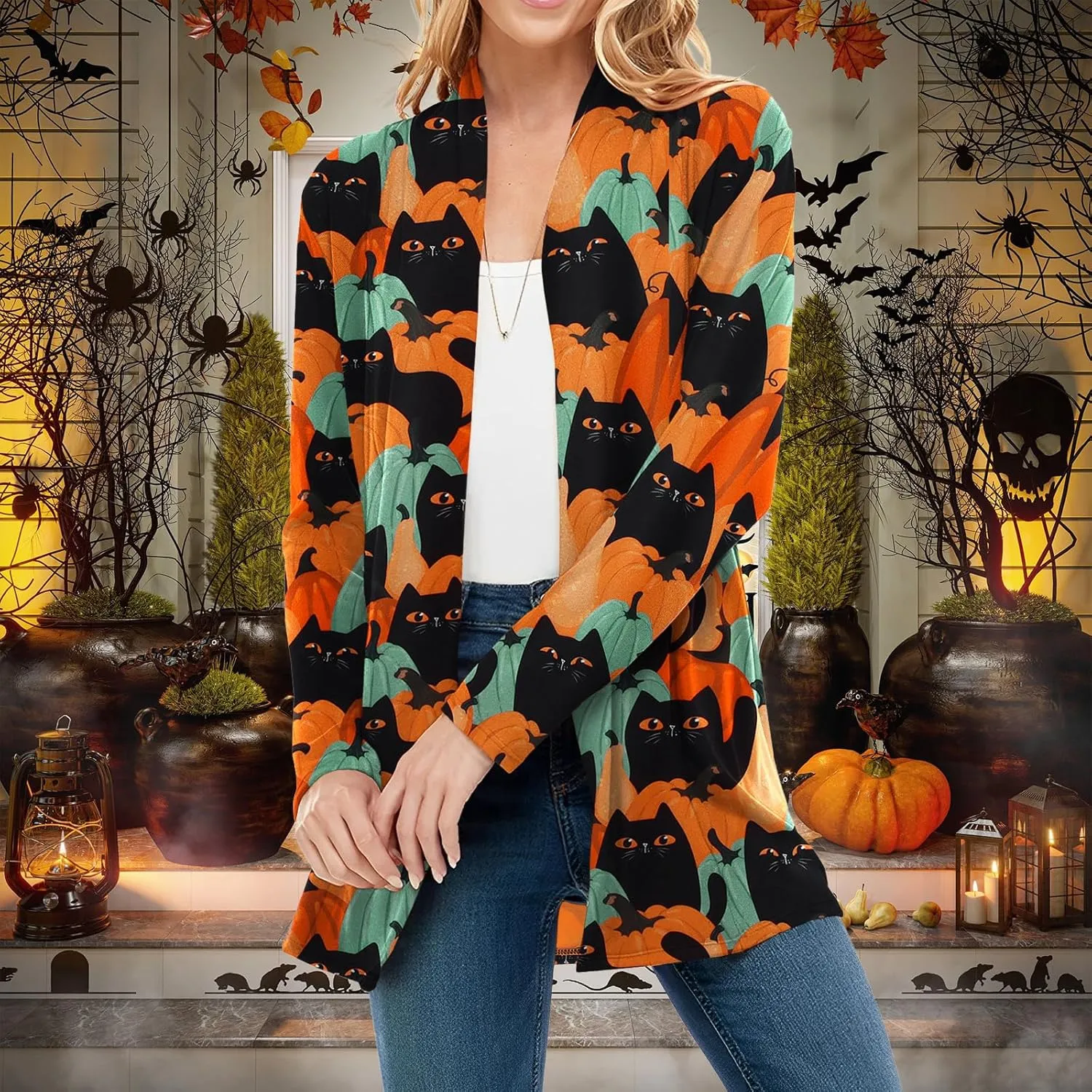 BOUTIKOME Women's Halloween Cat Pumpkin Cardigan Long Sleeve Open Front Knit Outwear Coat Plus Size Knitting Sweater Top
