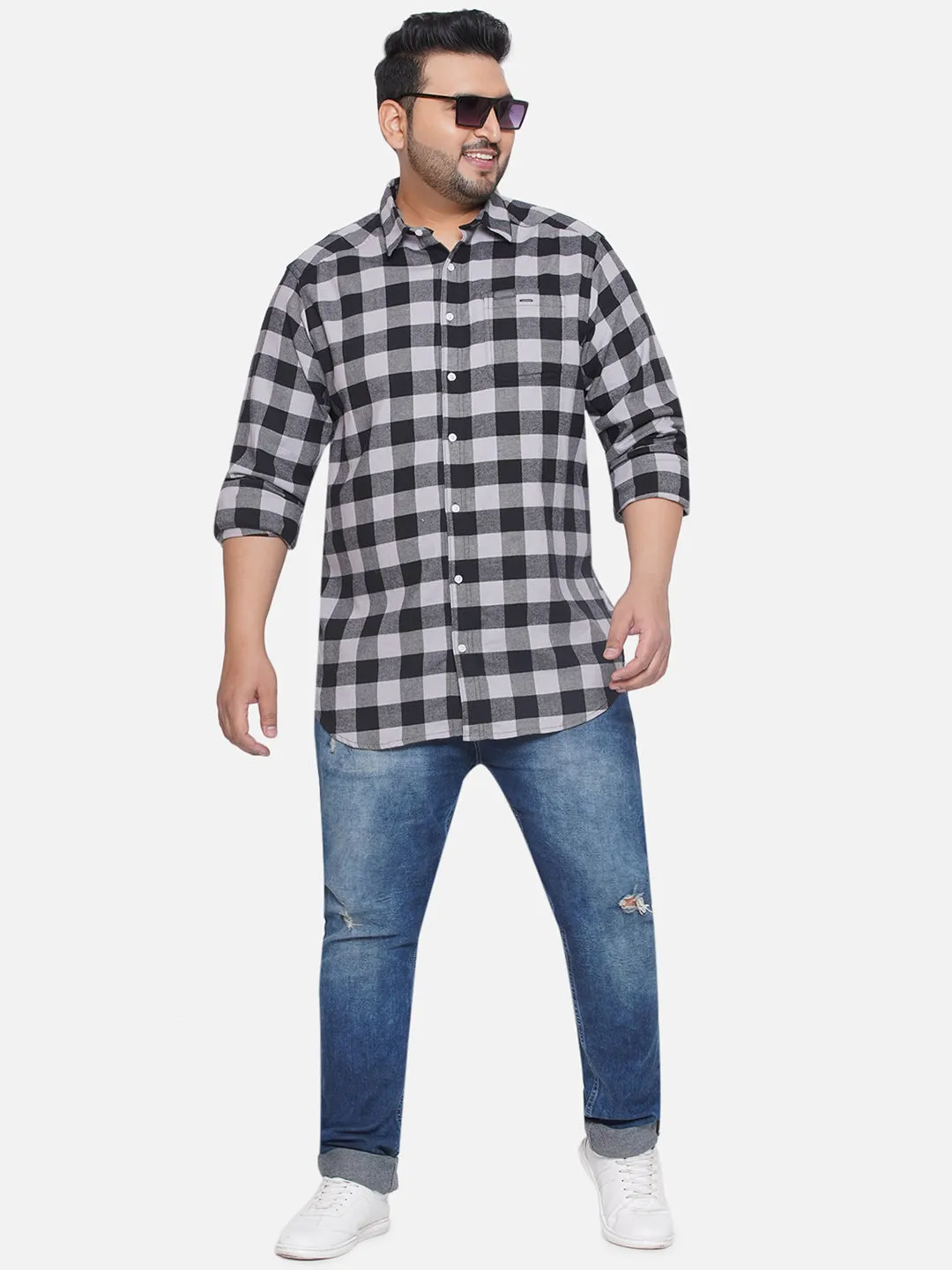 Columbia - Plus Size Men's Regular Fit Black & White Checked Full Sleeve Casual Shirt