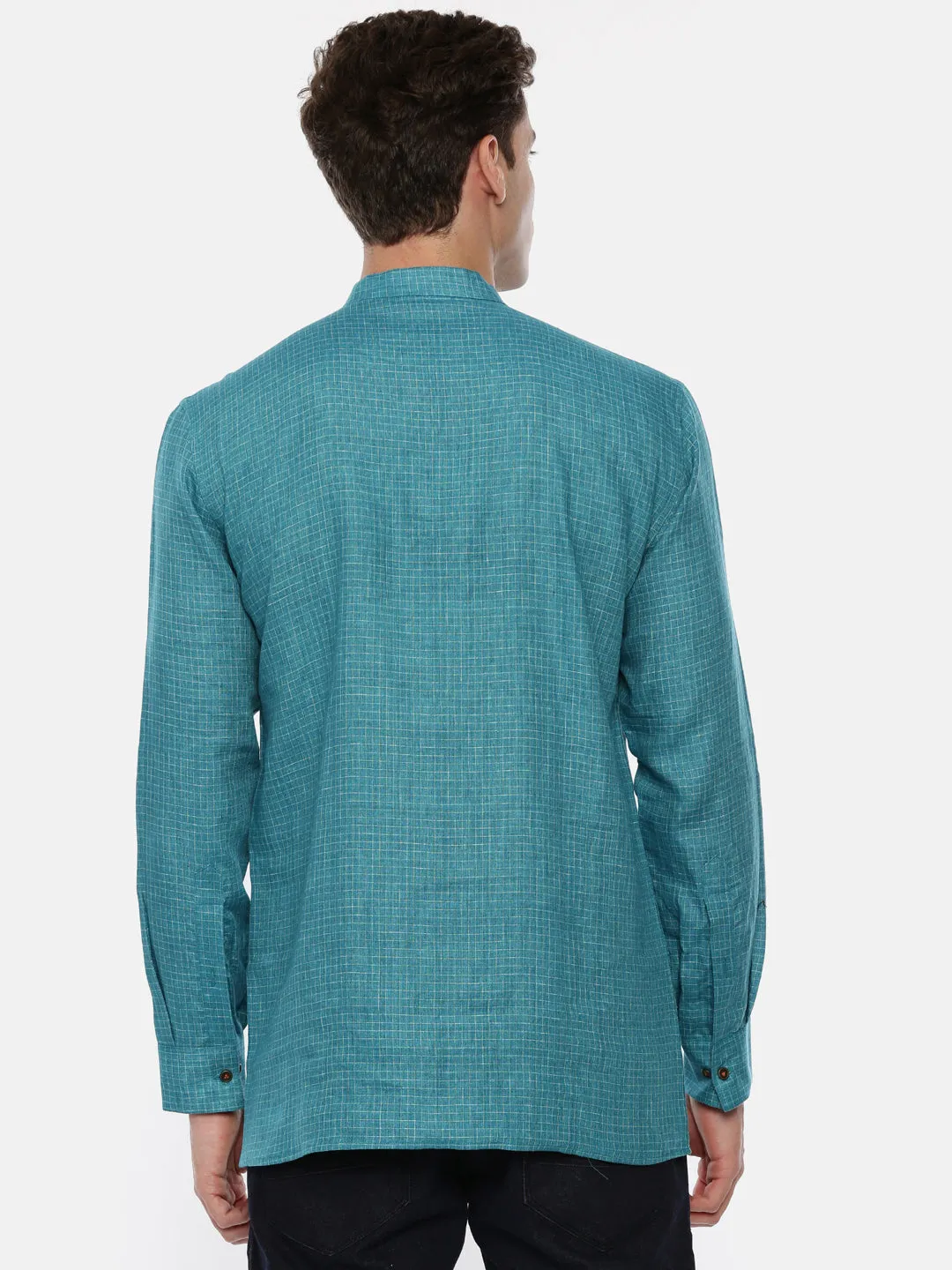 Designer Short Kurta in Blue Checked Linen- MMSK015