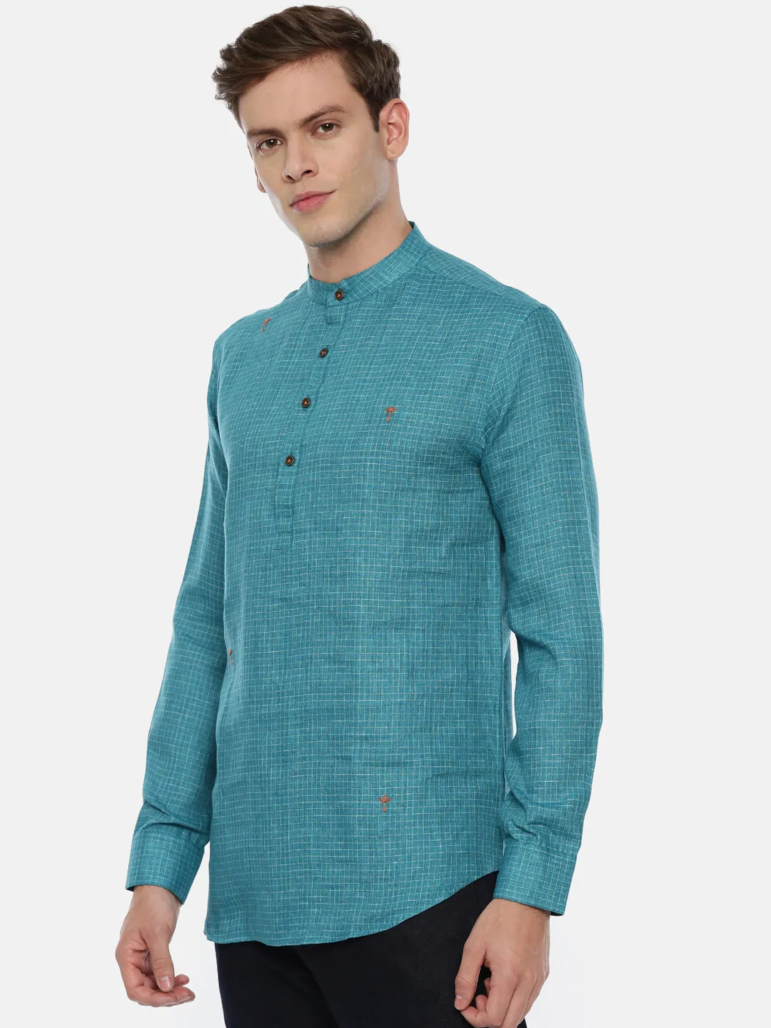Designer Short Kurta in Blue Checked Linen- MMSK015