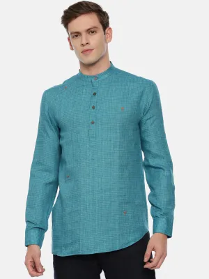 Designer Short Kurta in Blue Checked Linen- MMSK015