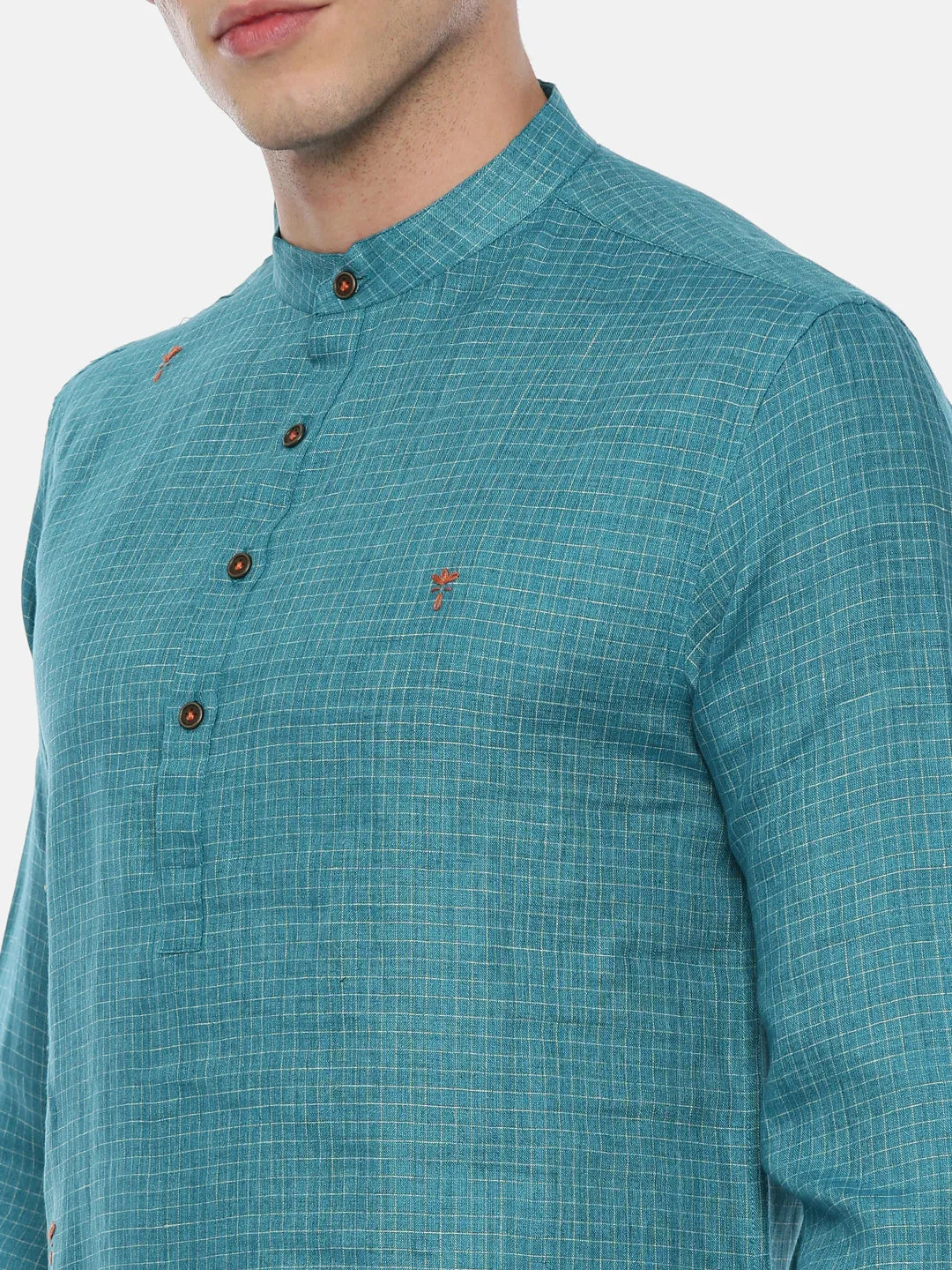 Designer Short Kurta in Blue Checked Linen- MMSK015