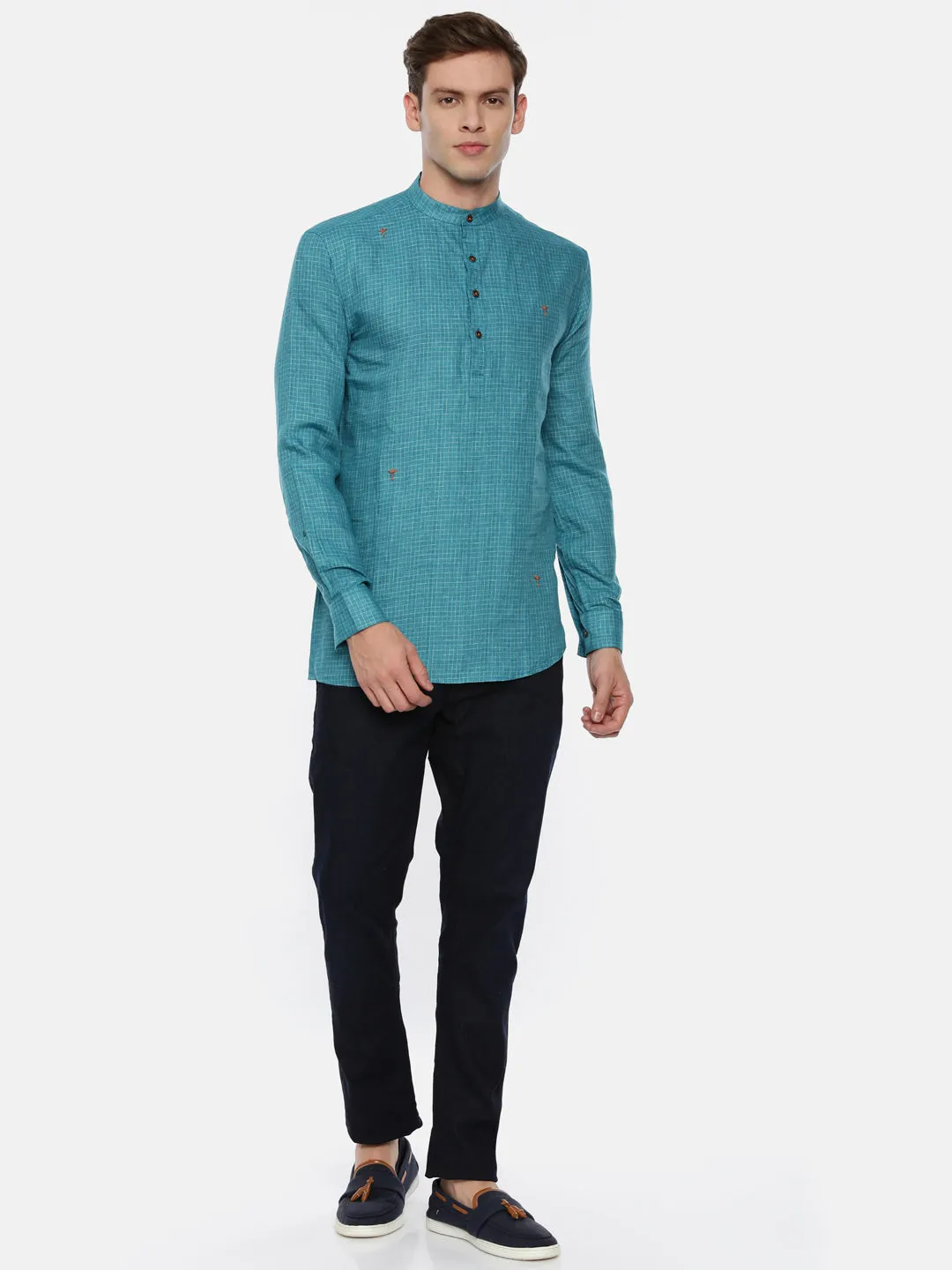 Designer Short Kurta in Blue Checked Linen- MMSK015