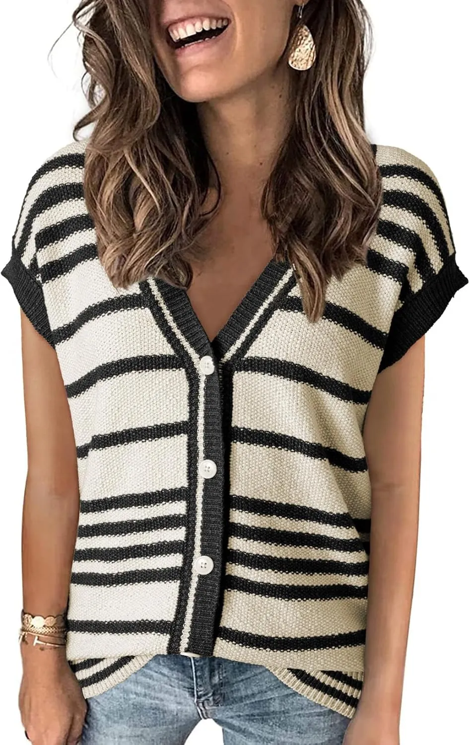 Dokotoo Sweater Vest Women Striped V Neck Button Vest for Women Vest Top Spring Cardigan Sweaters for Women 2025