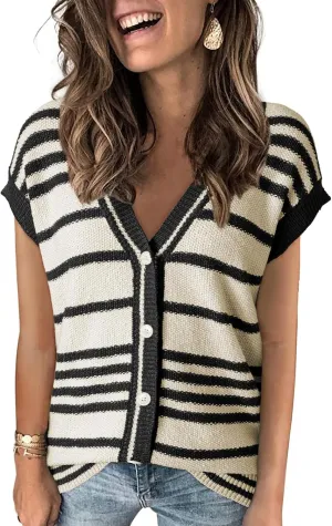 Dokotoo Sweater Vest Women Striped V Neck Button Vest for Women Vest Top Spring Cardigan Sweaters for Women 2025
