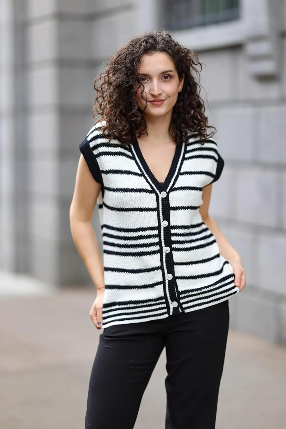 Dokotoo Sweater Vest Women Striped V Neck Button Vest for Women Vest Top Spring Cardigan Sweaters for Women 2025