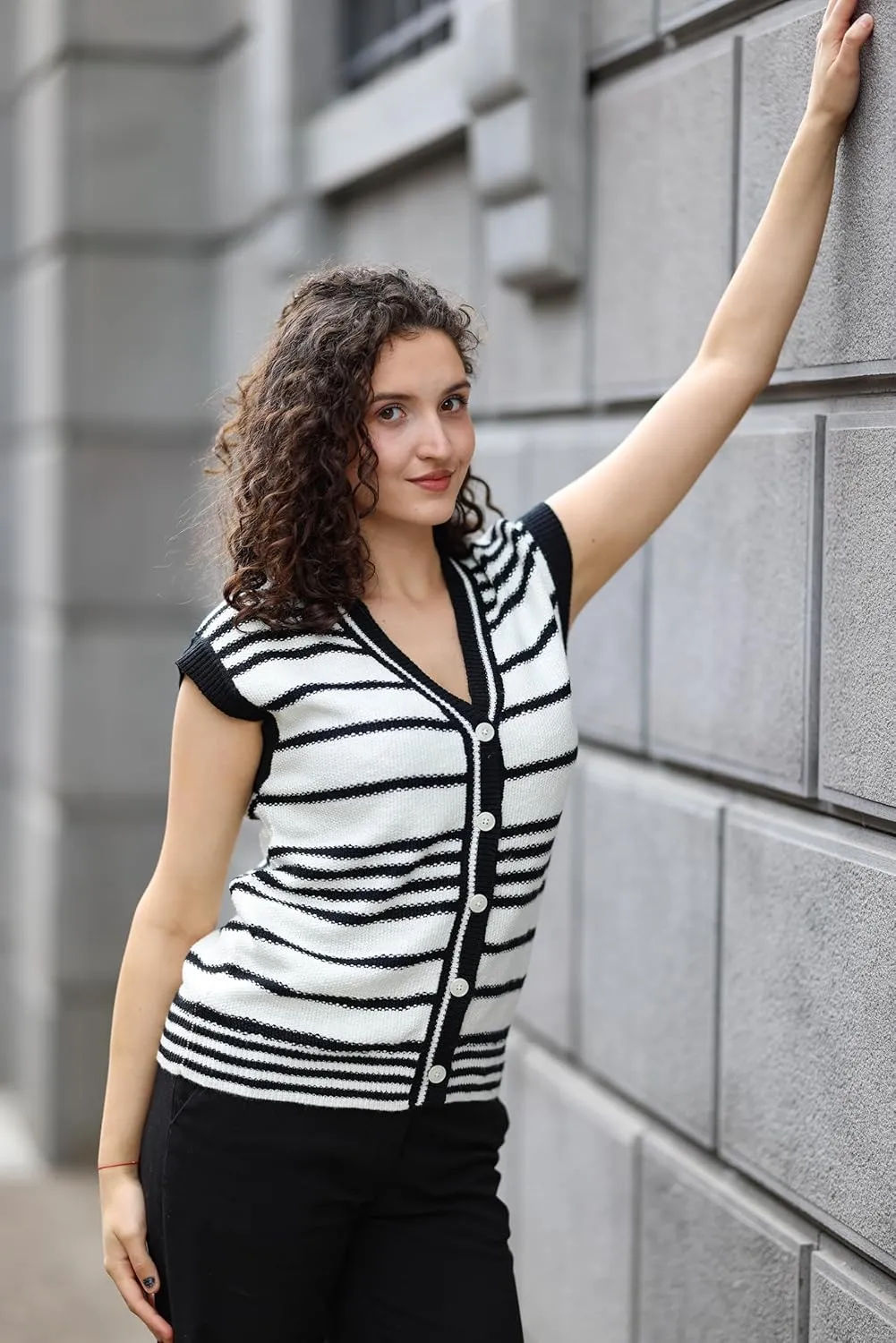 Dokotoo Sweater Vest Women Striped V Neck Button Vest for Women Vest Top Spring Cardigan Sweaters for Women 2025