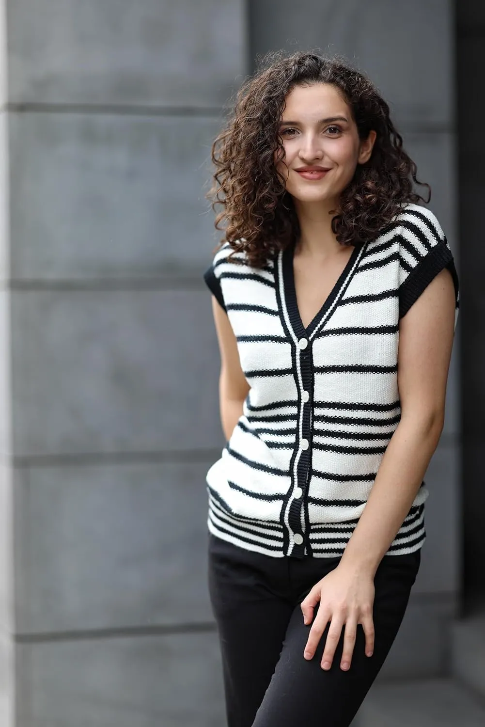 Dokotoo Sweater Vest Women Striped V Neck Button Vest for Women Vest Top Spring Cardigan Sweaters for Women 2025