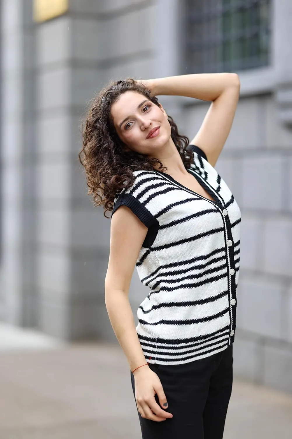 Dokotoo Sweater Vest Women Striped V Neck Button Vest for Women Vest Top Spring Cardigan Sweaters for Women 2025