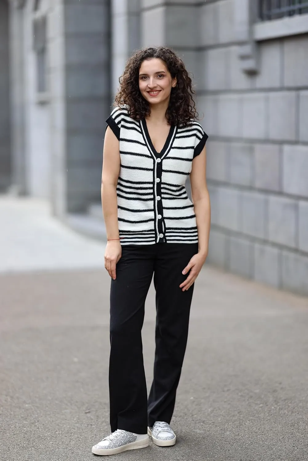 Dokotoo Sweater Vest Women Striped V Neck Button Vest for Women Vest Top Spring Cardigan Sweaters for Women 2025