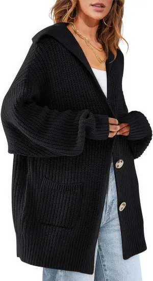 ebossy Women's Oversized Sailor Collar Button Cardigans Chunky Knit Long Sleeve Slouchy Sweaters Coat with Pockets (XL, Black)