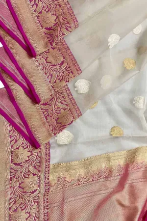 Elegant Off White Banarasi Kora Silk Saree