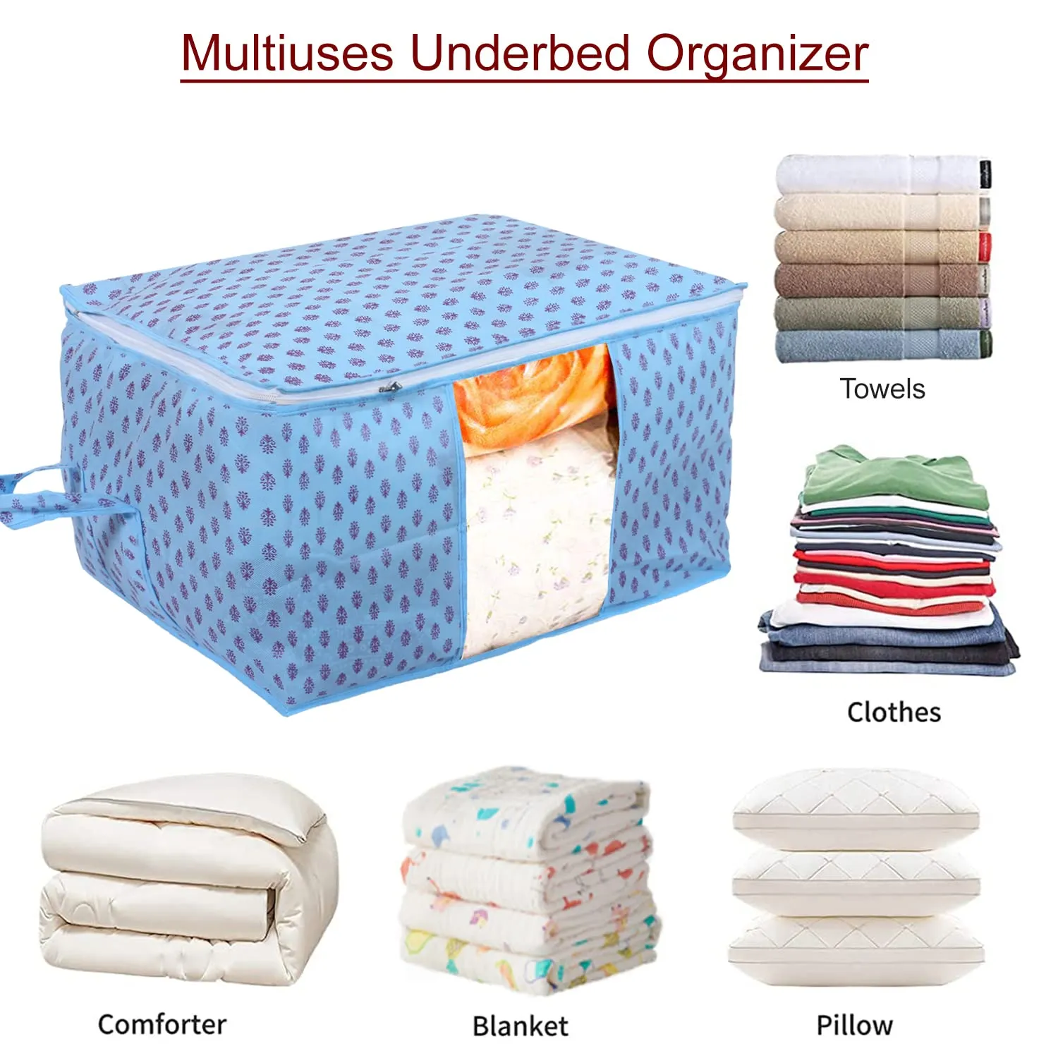Heart Home Non-Woven Floral Print Underbed|Blanket Cover With Transparent Window, Zippered & Handle, Pack of 6 (Sky Blue)