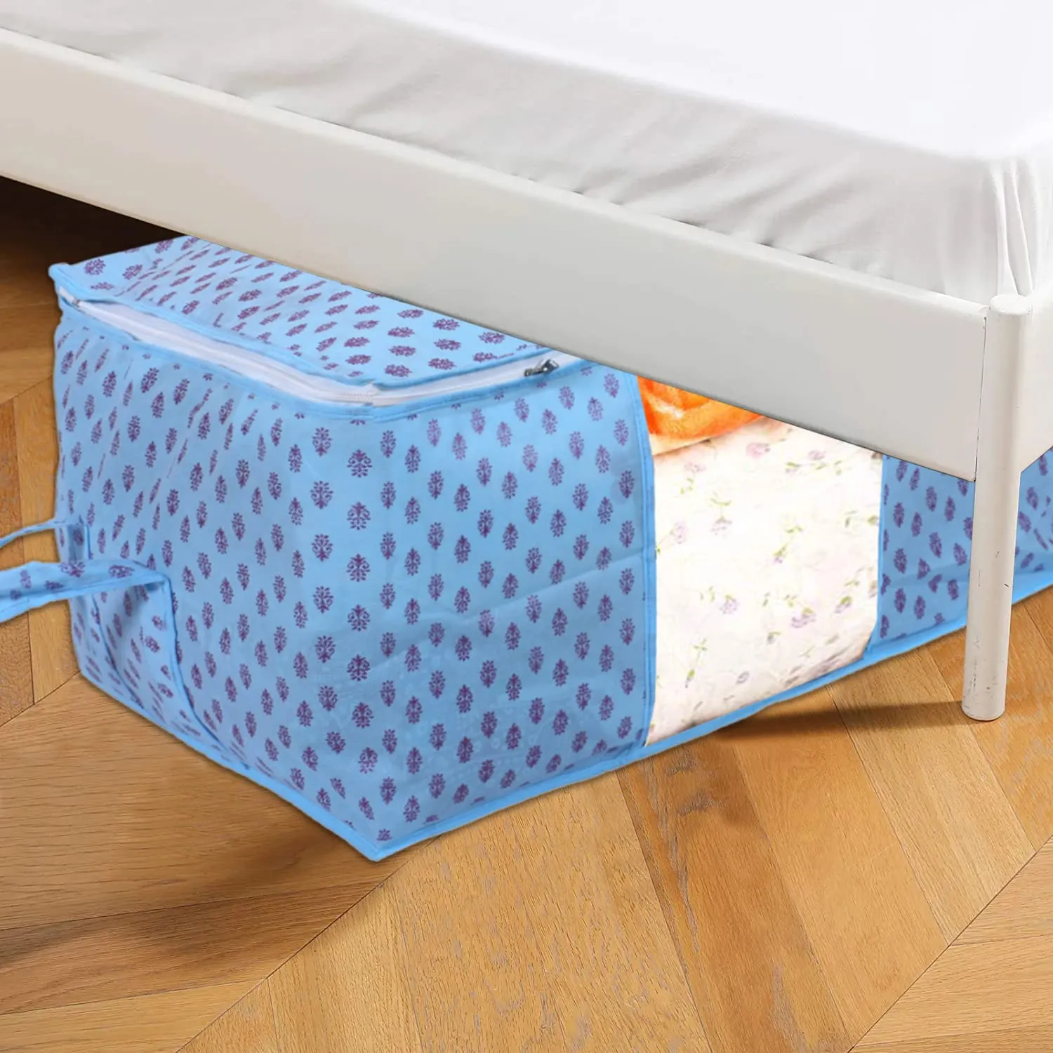 Heart Home Non-Woven Floral Print Underbed|Blanket Cover With Transparent Window, Zippered & Handle, Pack of 6 (Sky Blue)