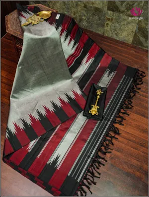 Kanjivaram Silk Saree in Gray with Temple Border - Silk Mark Certified