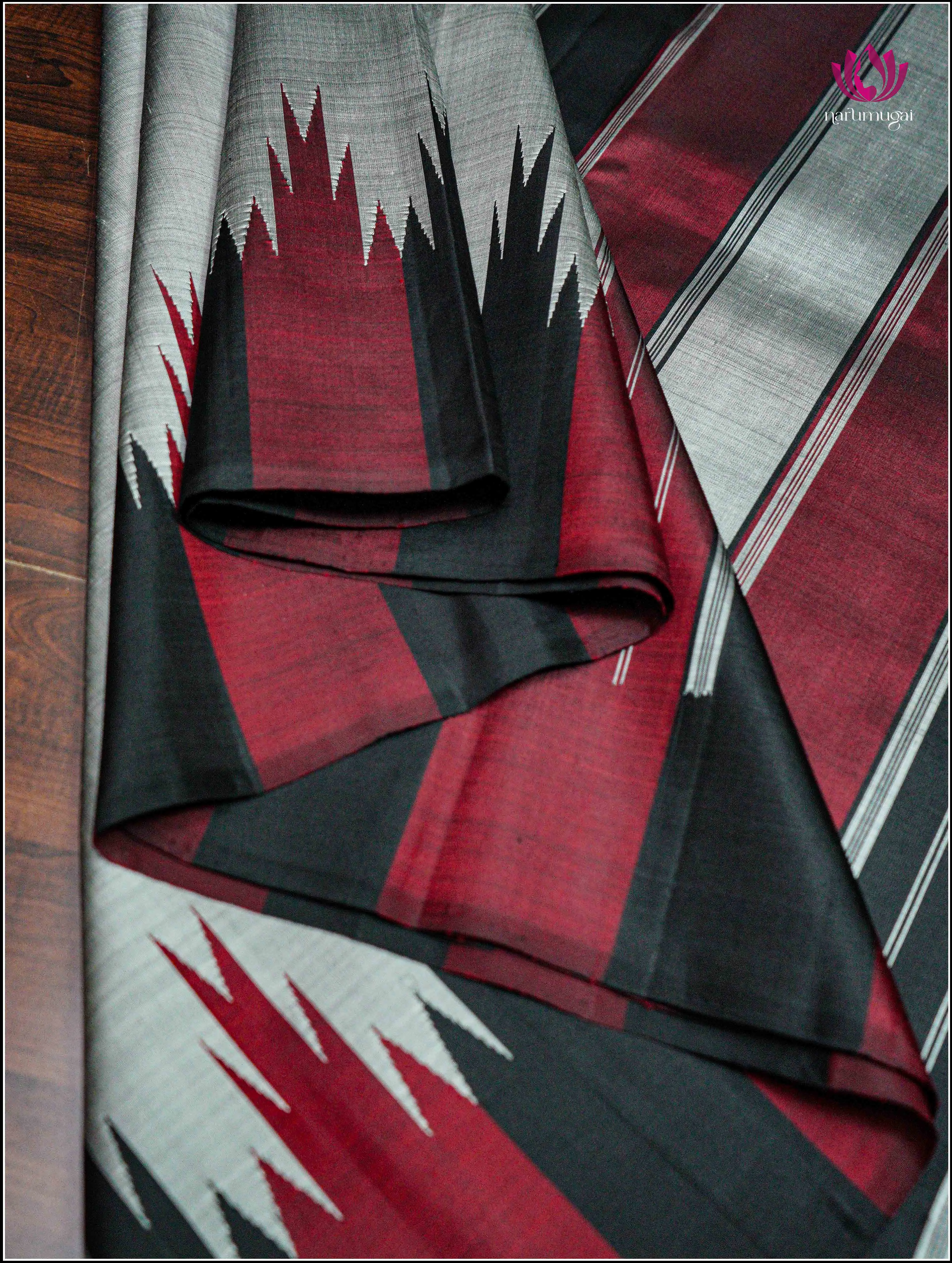 Kanjivaram Silk Saree in Gray with Temple Border - Silk Mark Certified