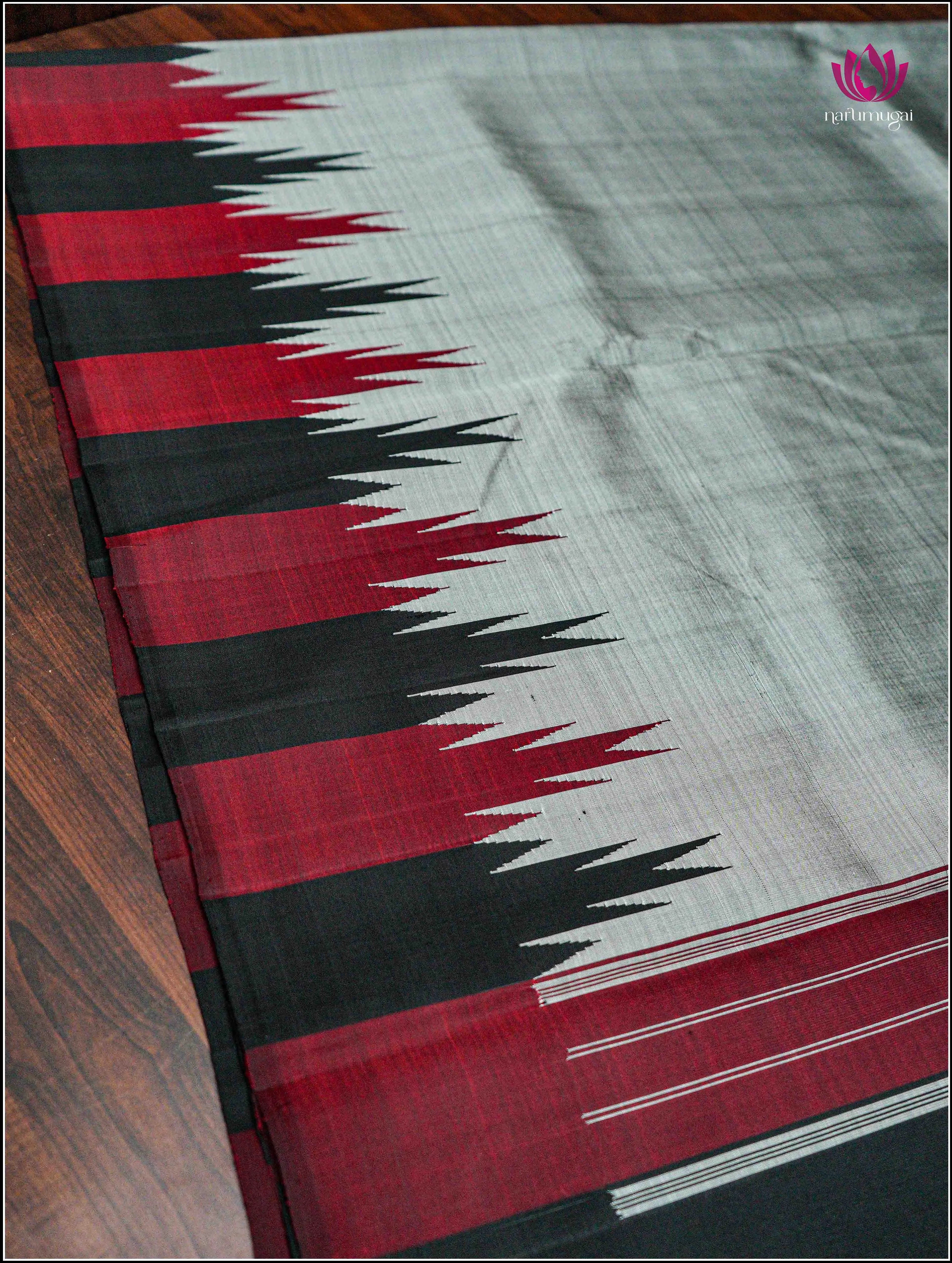 Kanjivaram Silk Saree in Gray with Temple Border - Silk Mark Certified