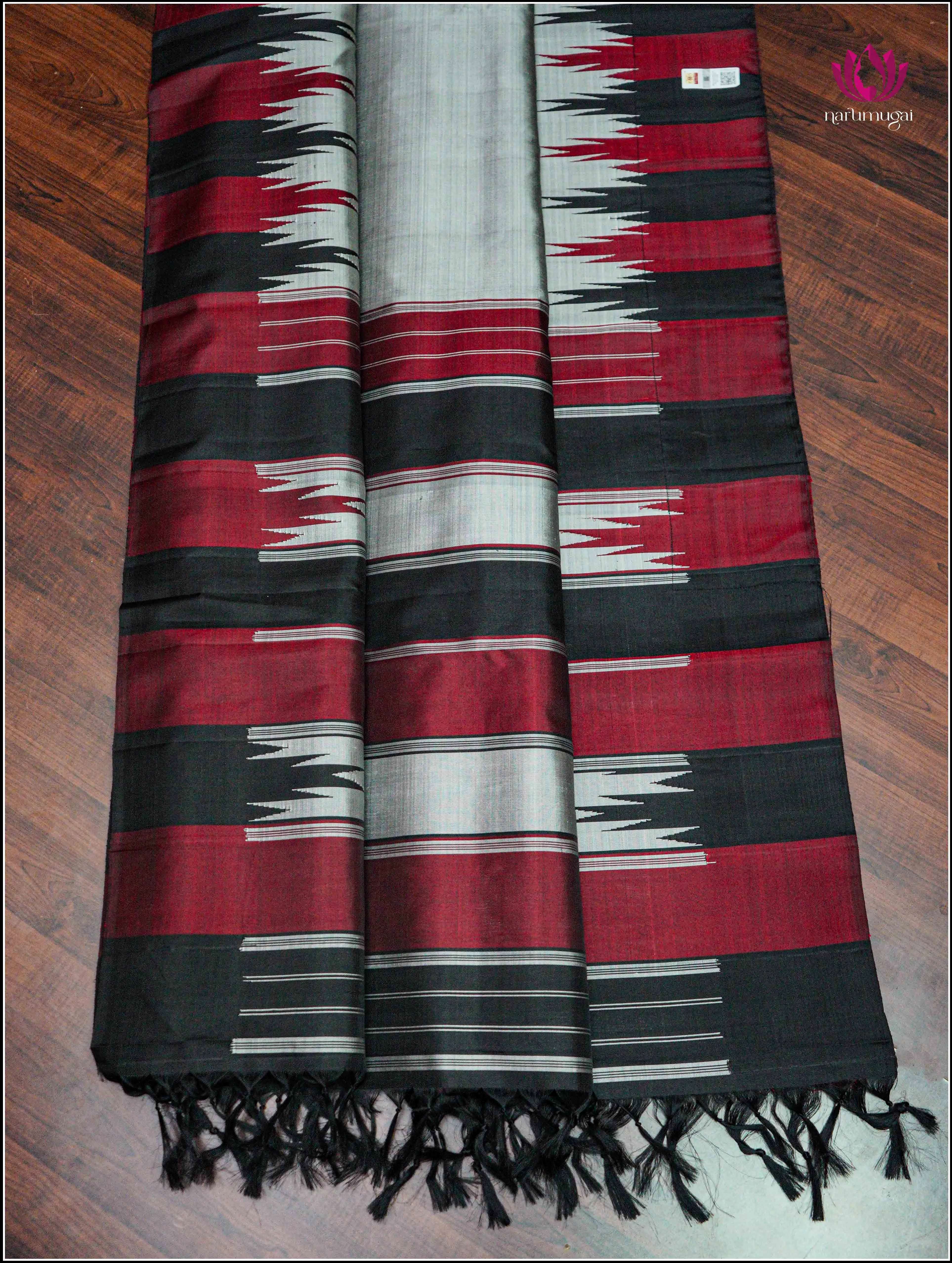 Kanjivaram Silk Saree in Gray with Temple Border - Silk Mark Certified