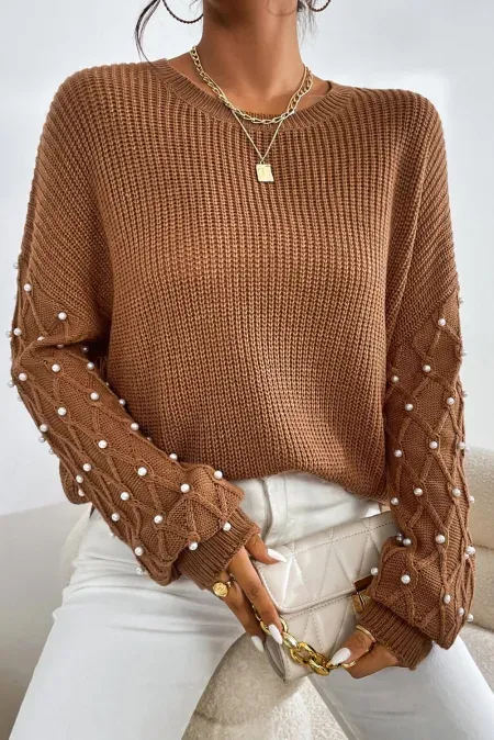 kesley Pearl Detail Round Neck Long Sleeve Sweater