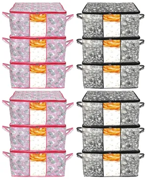 Kuber Industries Metalic Leafy,Flower Print Non Woven 12 Pieces Underbed Storage Bag,Cloth Organiser,Blanket Cover with Transparent Window (Black & Pink)-KUBMART16663