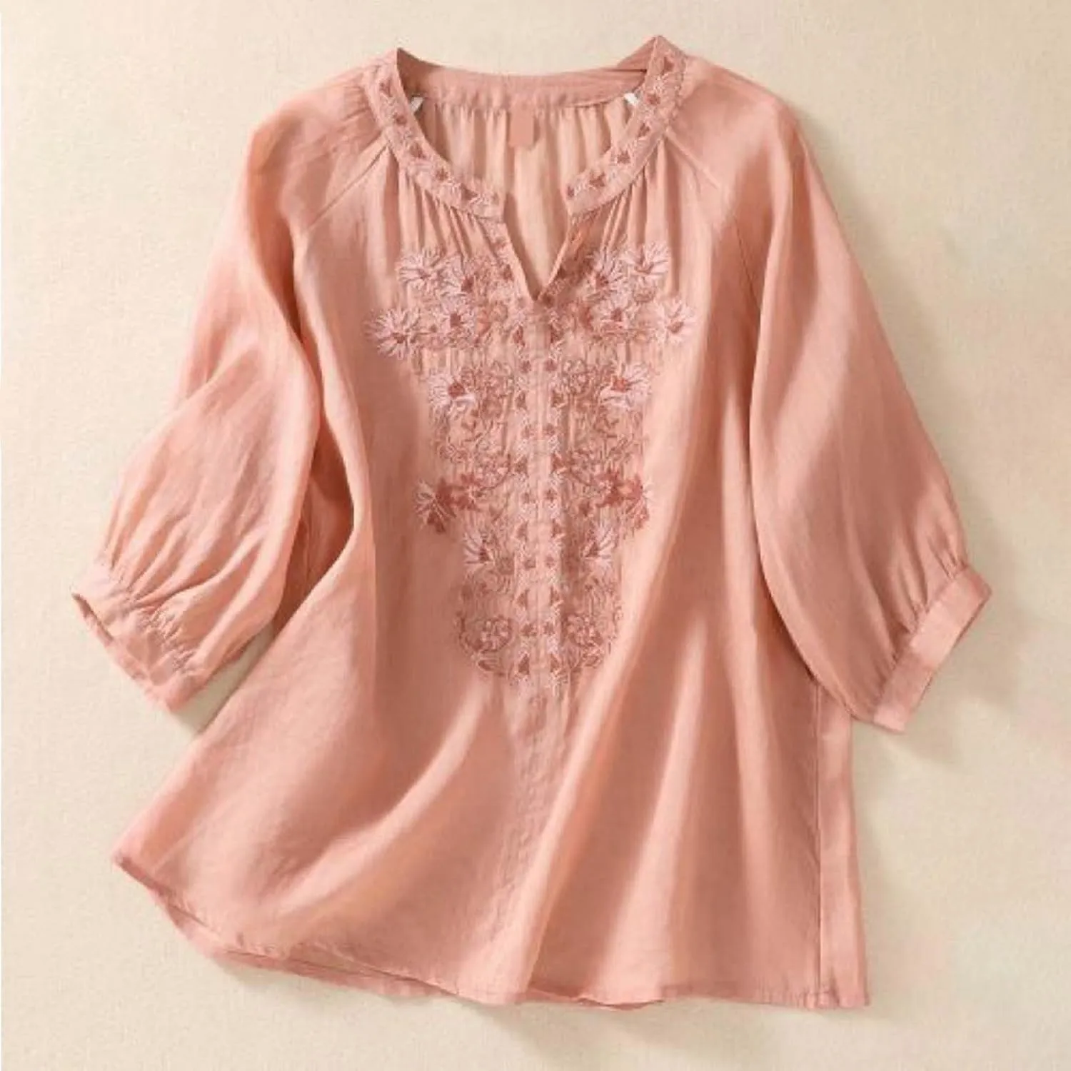 Ladies Fashion Leisure Spring Summer Literary Retro Loose Design Sense Embroidery Round Neck Thin Mesh Shirt Long
