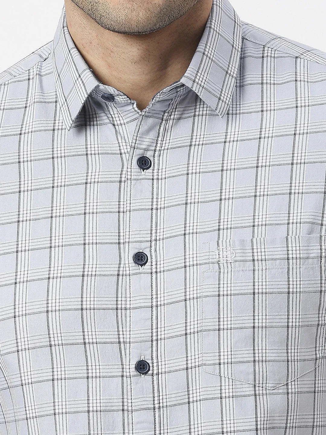 Light Grey Half Sleeves Twill Checked Shirt With Pocket