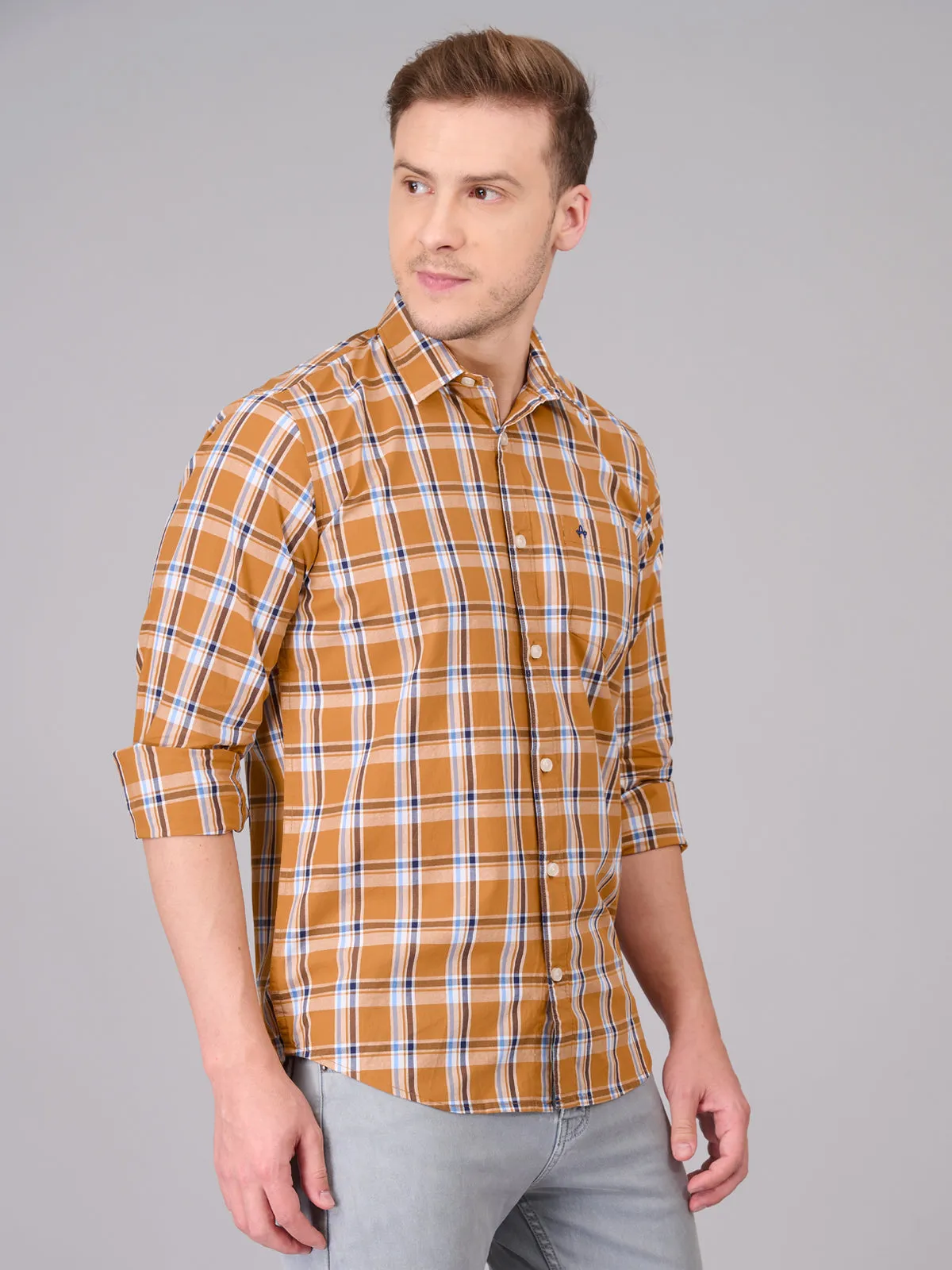 Men Orange Checked Cotton Shirt (GBHM23ED24)