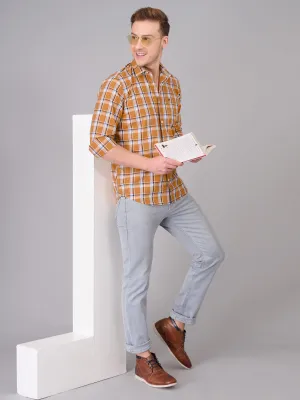 Men Orange Checked Cotton Shirt (GBHM23ED24)