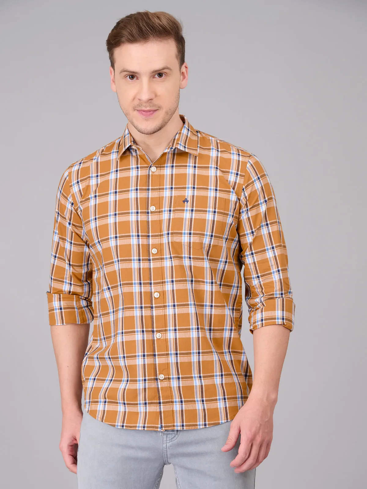 Men Orange Checked Cotton Shirt (GBHM23ED24)