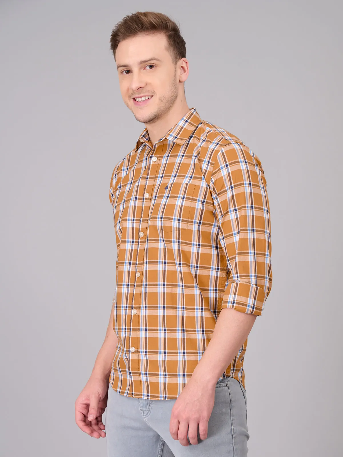 Men Orange Checked Cotton Shirt (GBHM23ED24)
