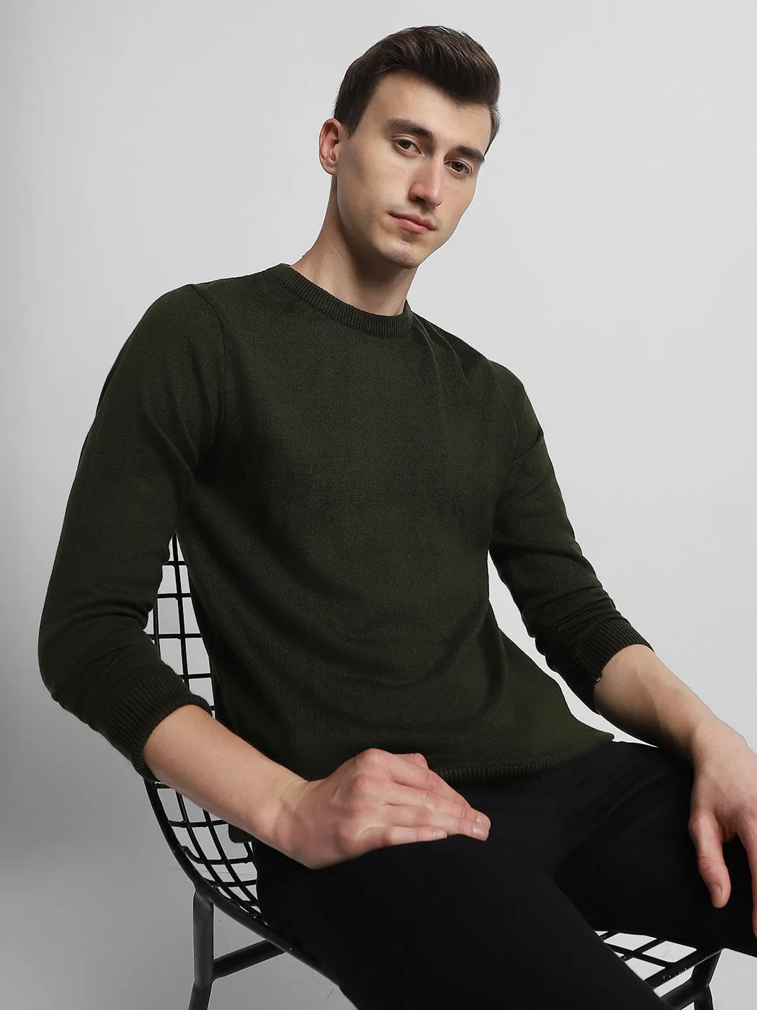 Men's Olive Colorblock Acrylic Pullover sweater