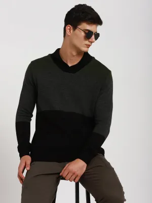 Men's Olive Colorblock Acrylic Pullover sweater