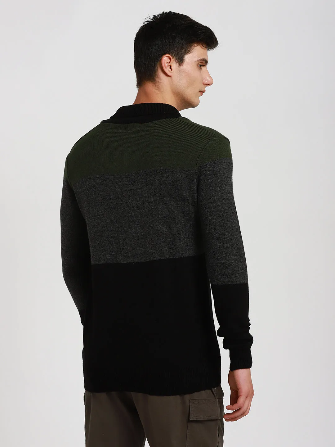 Men's Olive Colorblock Acrylic Pullover sweater