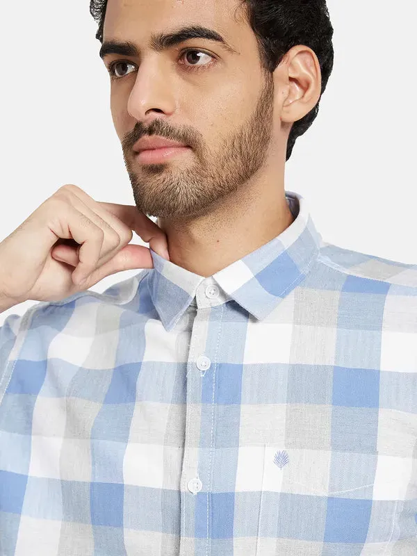 Mettle Men Blue Gingham Checks Opaque Checked Casual Shirt