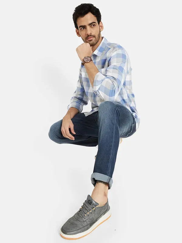 Mettle Men Blue Gingham Checks Opaque Checked Casual Shirt