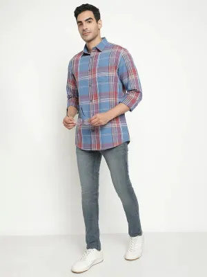 Mettle Men Blue Tartan Checks Opaque Checked Casual Shirt