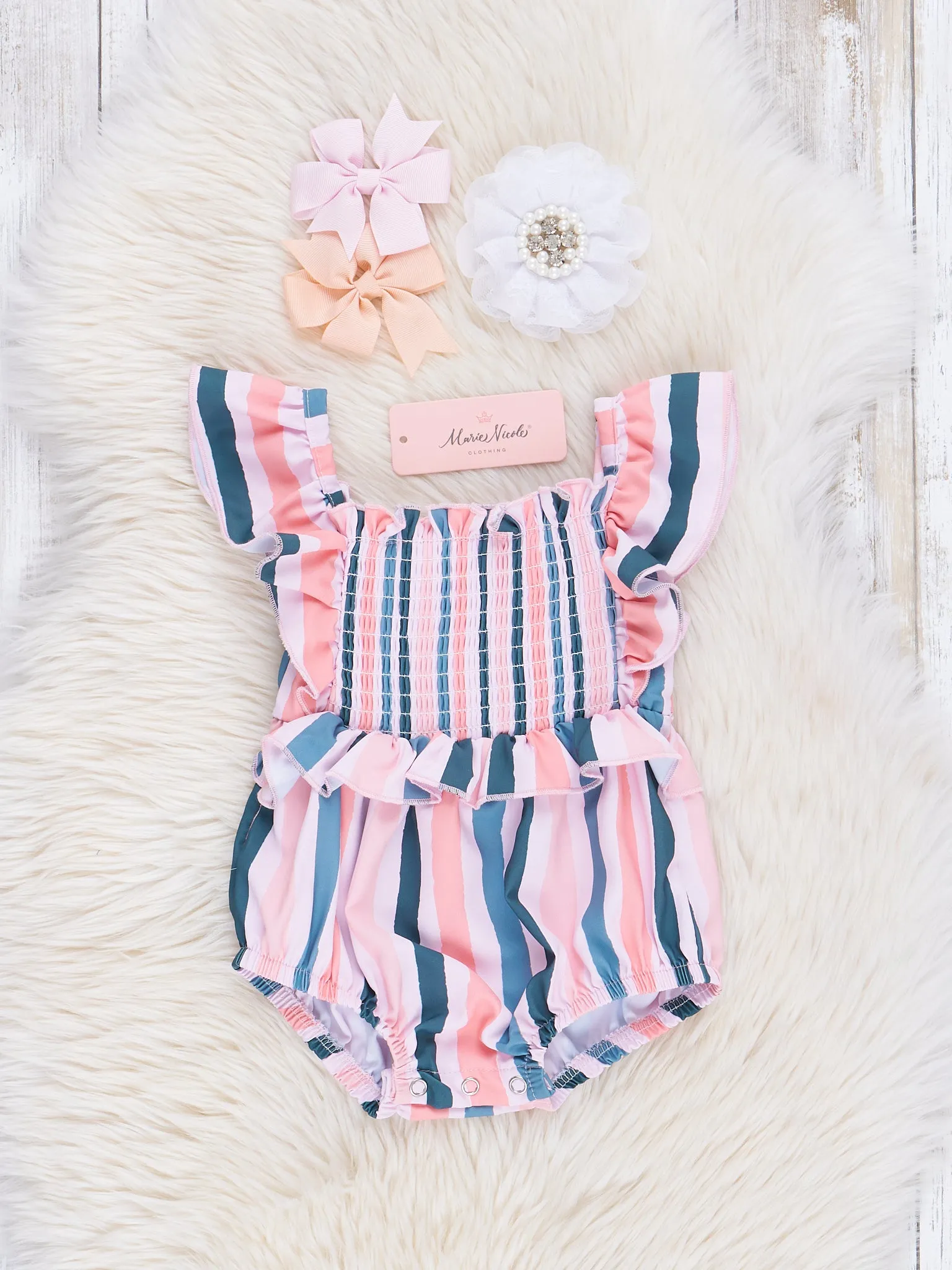 Navy & Rose Stripes Smocked Ruffle Bubble